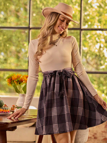 LanaWest Women's Stand Collar Long Sleeve Casual Plaid Patchwork Knit Dress