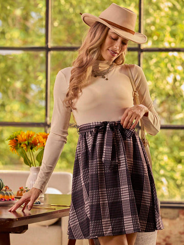 LanaWest Women's Stand Collar Long Sleeve Casual Plaid Patchwork Knit Dress