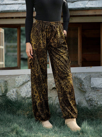 LanaWest Women's Street Leopard Print Vintage Casual Drawstring Waist Loose Straight Leg Sweatpants