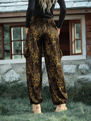 LanaWest Women's Street Leopard Print Vintage Casual Drawstring Waist Loose Straight Leg Sweatpants