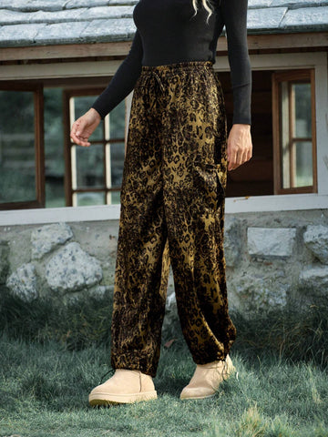 LanaWest Women's Street Leopard Print Vintage Casual Drawstring Waist Loose Straight Leg Sweatpants
