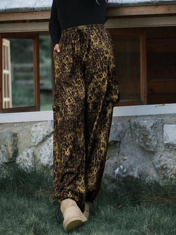 LanaWest Women's Street Leopard Print Vintage Casual Drawstring Waist Loose Straight Leg Sweatpants