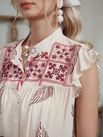 LanaWest Women's Summer Western Casual Embroidered Sleeveless Blouse