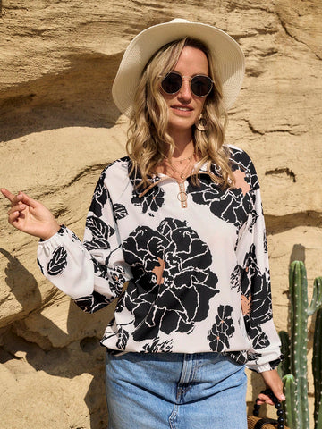 LanaWest Women's Western Casual Floral Print Shirt