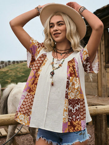 Women's Western Country Pattern Patchwork Casual Shirt