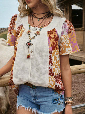 Women's Western Country Pattern Patchwork Casual Shirt