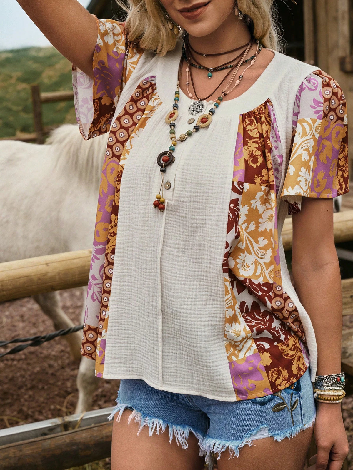 Women's Western Country Pattern Patchwork Casual Shirt