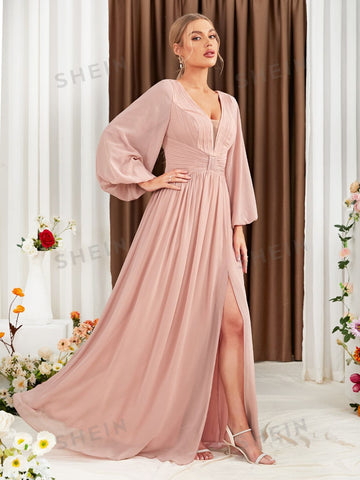 Lantern Sleeve Plunging Neck Split Thigh Chiffon Bridesmaid Dress