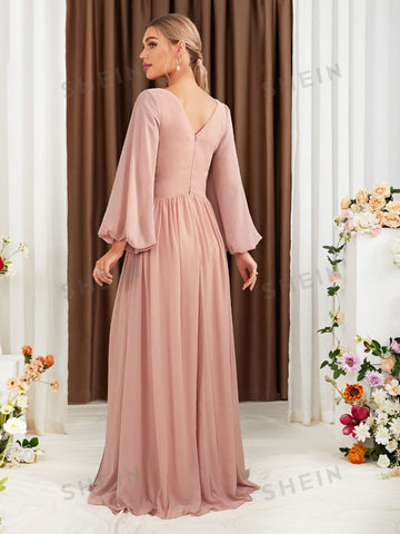 Lantern Sleeve Plunging Neck Split Thigh Chiffon Bridesmaid Dress