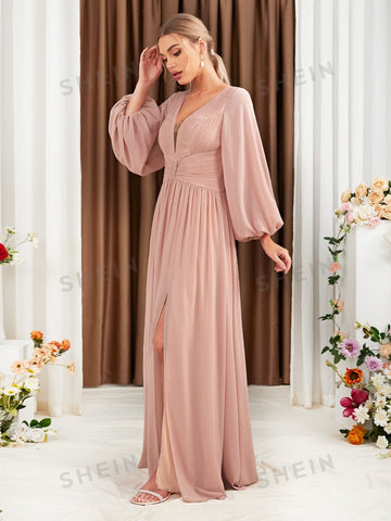 Lantern Sleeve Plunging Neck Split Thigh Chiffon Bridesmaid Dress