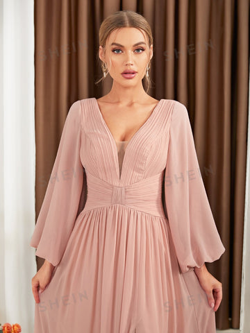 Lantern Sleeve Plunging Neck Split Thigh Chiffon Bridesmaid Dress