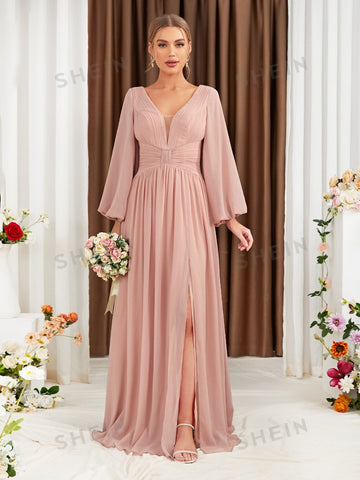 Lantern Sleeve Plunging Neck Split Thigh Chiffon Bridesmaid Dress