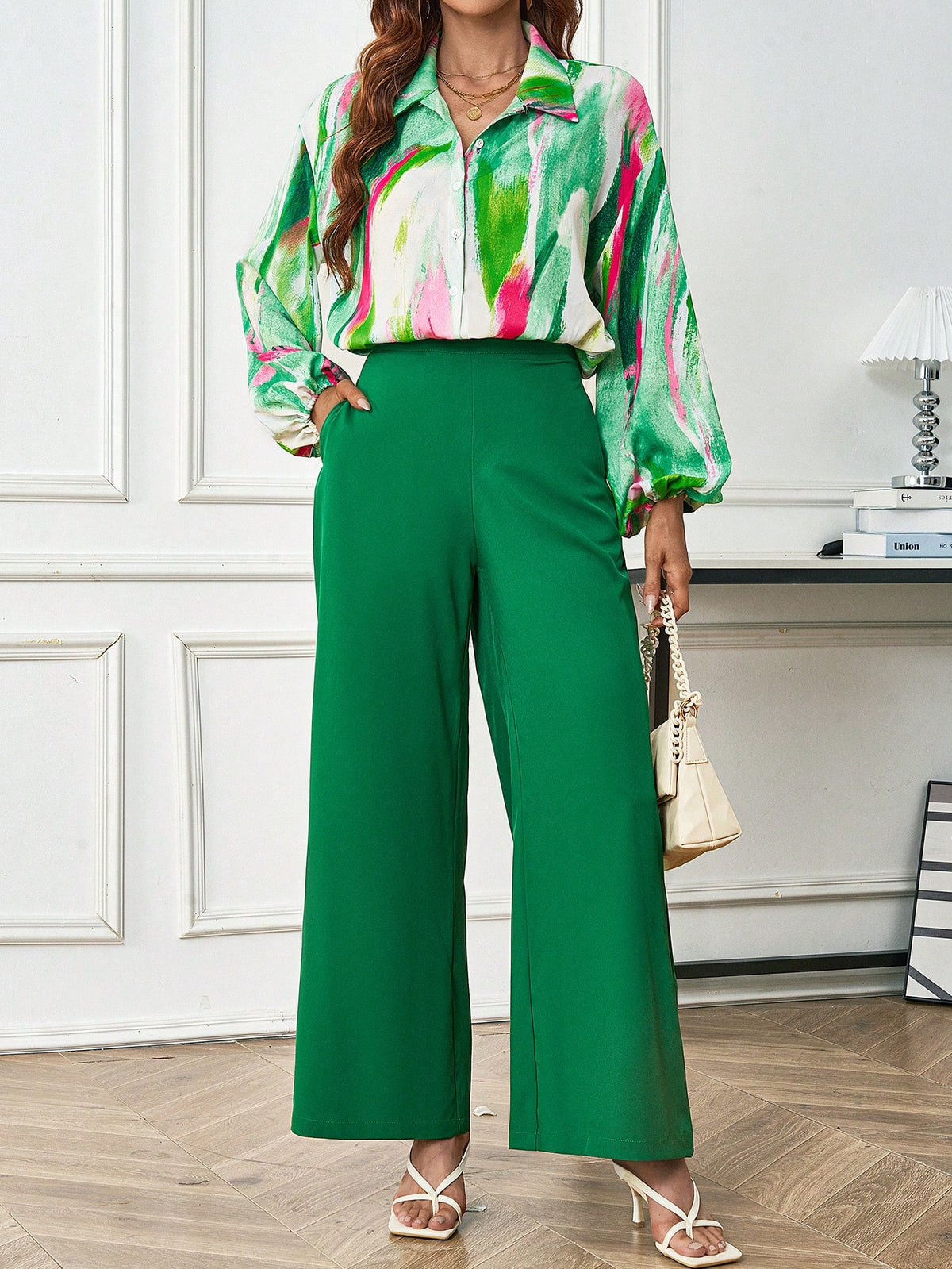 Lantern Sleeve Shirt And Slant Pocket Wide Leg Pants Set