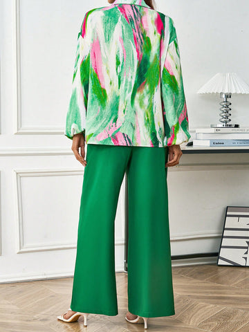 Lantern Sleeve Shirt And Slant Pocket Wide Leg Pants Set