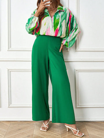 Lantern Sleeve Shirt And Slant Pocket Wide Leg Pants Set