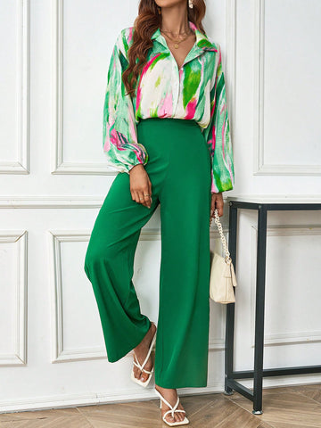 Lantern Sleeve Shirt And Slant Pocket Wide Leg Pants Set