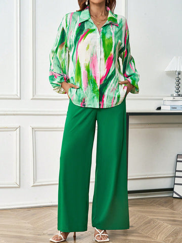 Lantern Sleeve Shirt And Slant Pocket Wide Leg Pants Set