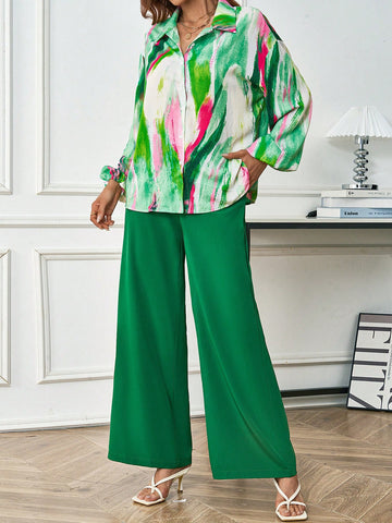 Lantern Sleeve Shirt And Slant Pocket Wide Leg Pants Set