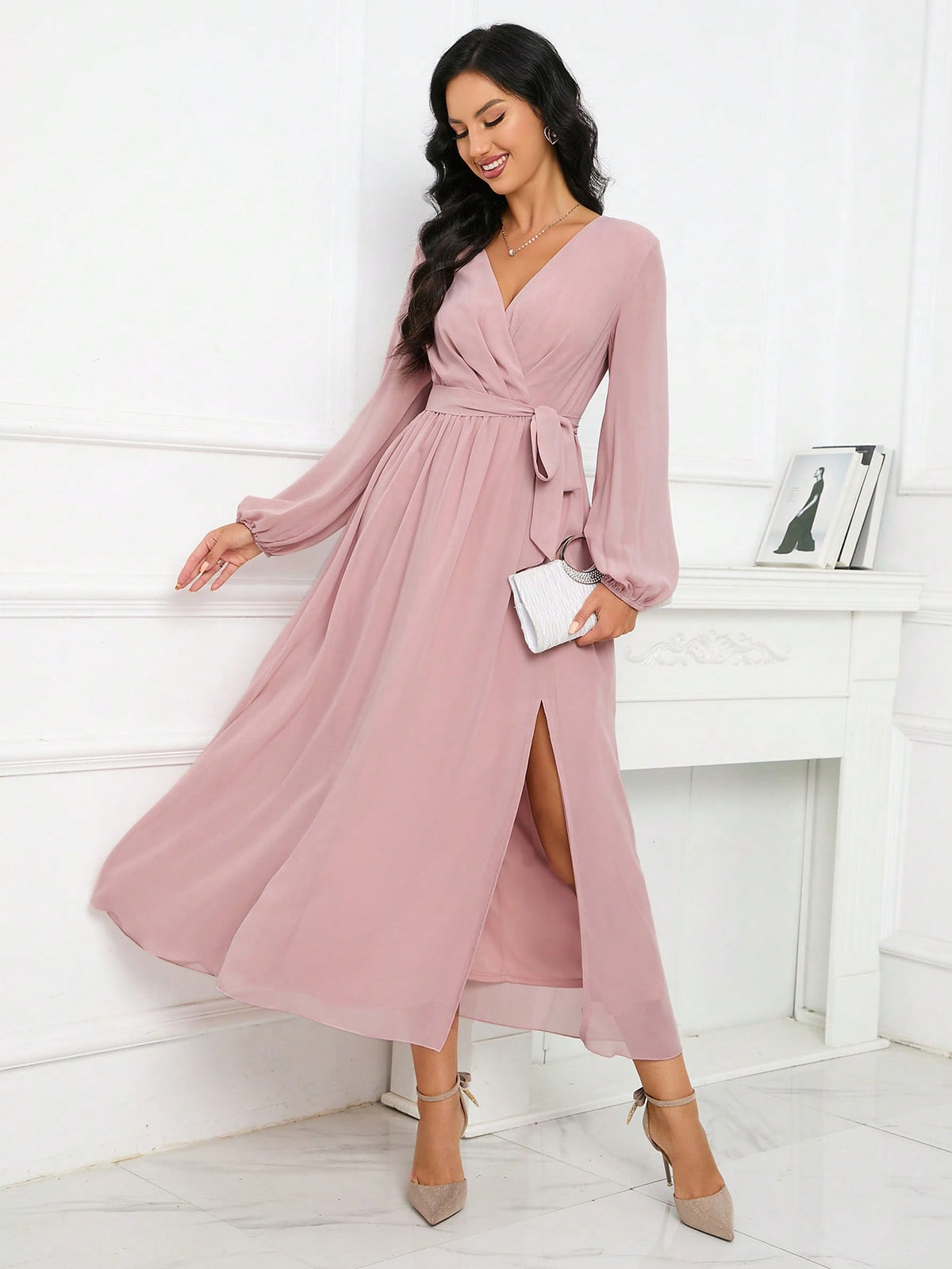 Lantern Sleeve Split Thigh Belted Chiffon Bridesmaid Dress