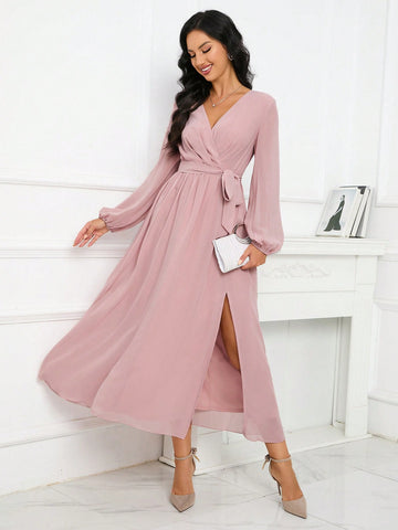 Lantern Sleeve Split Thigh Belted Chiffon Bridesmaid Dress