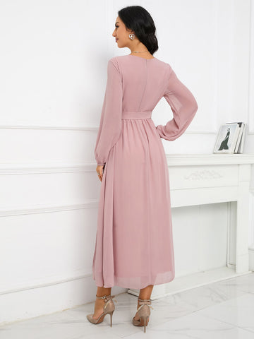Lantern Sleeve Split Thigh Belted Chiffon Bridesmaid Dress