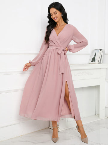 Lantern Sleeve Split Thigh Belted Chiffon Bridesmaid Dress