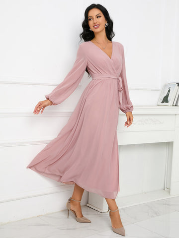 Lantern Sleeve Split Thigh Belted Chiffon Bridesmaid Dress