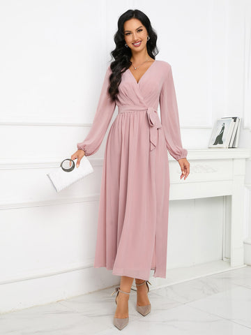 Lantern Sleeve Split Thigh Belted Chiffon Bridesmaid Dress