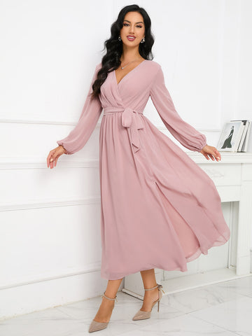 Lantern Sleeve Split Thigh Belted Chiffon Bridesmaid Dress