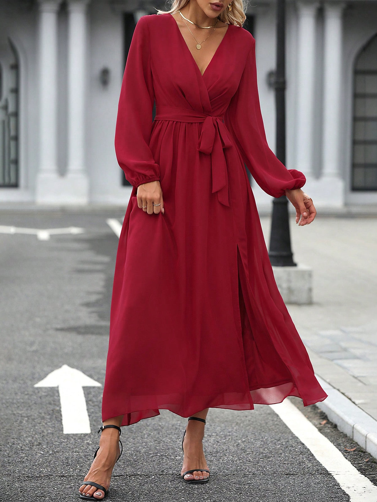 Lantern Sleeve Split Thigh Belted Chiffon Dress
