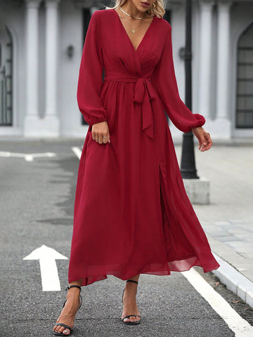 Lantern Sleeve Split Thigh Belted Chiffon Dress