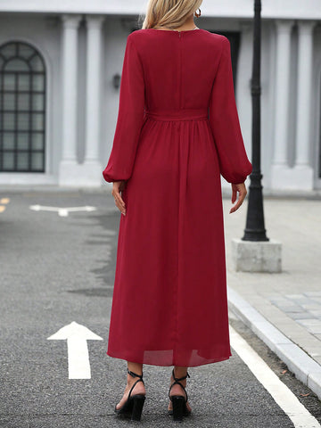Lantern Sleeve Split Thigh Belted Chiffon Dress