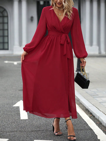 Lantern Sleeve Split Thigh Belted Chiffon Dress
