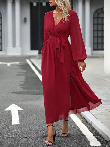 Lantern Sleeve Split Thigh Belted Chiffon Dress