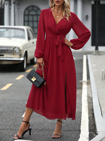 Lantern Sleeve Split Thigh Belted Chiffon Dress