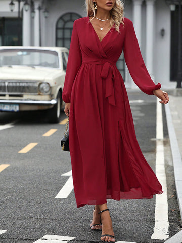 Lantern Sleeve Split Thigh Belted Chiffon Dress
