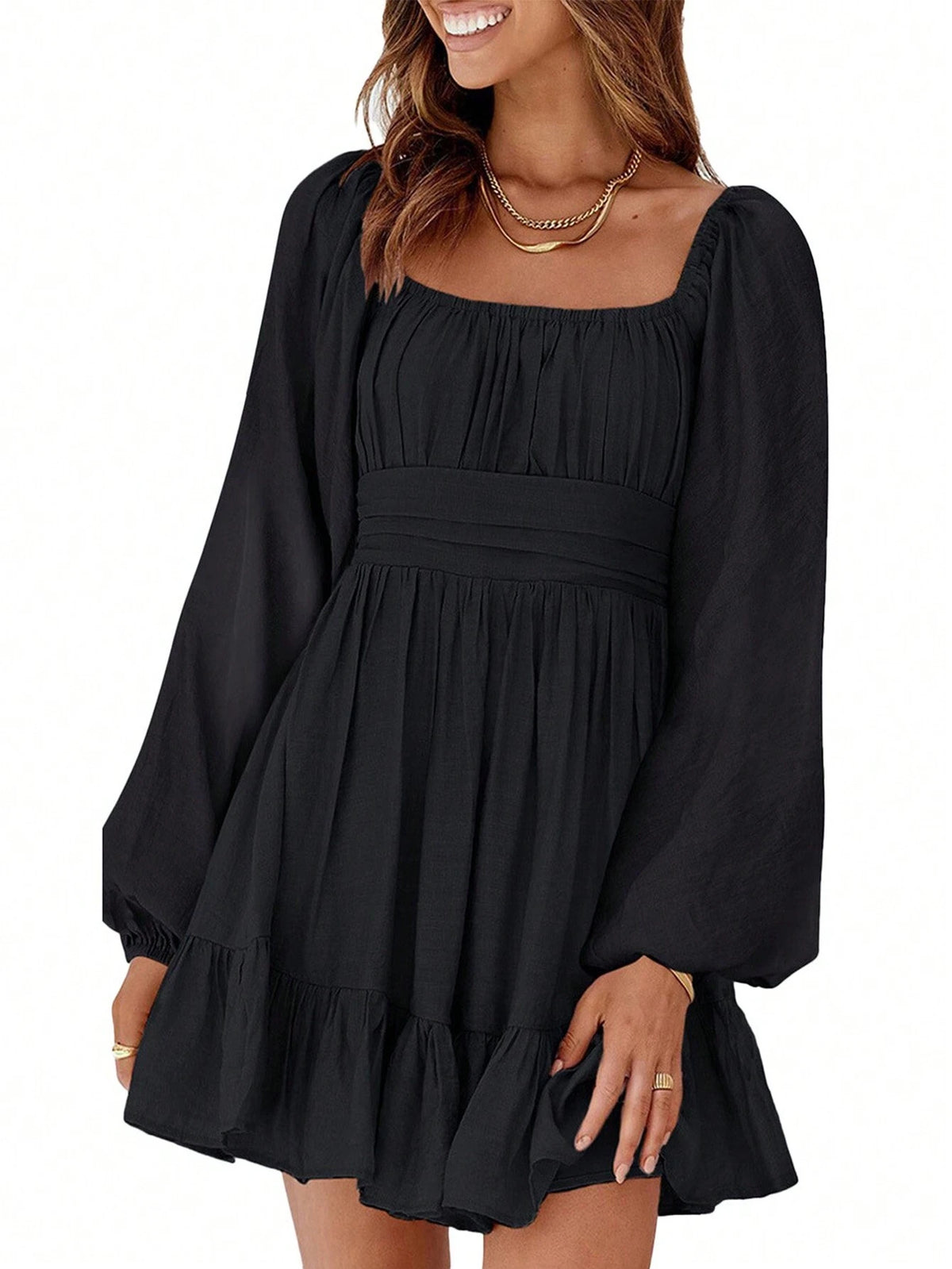 Lantern Sleeve Square Neck Lace-Up Backless Sexy Mini Dress With Ruffle Hem & Elastic Waist