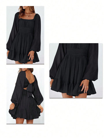 Lantern Sleeve Square Neck Lace-Up Backless Sexy Mini Dress With Ruffle Hem & Elastic Waist