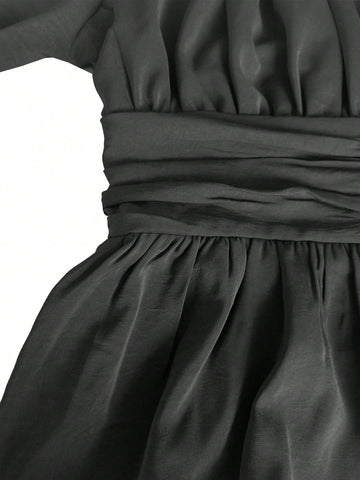 Lantern Sleeve Square Neck Lace-Up Backless Sexy Mini Dress With Ruffle Hem & Elastic Waist