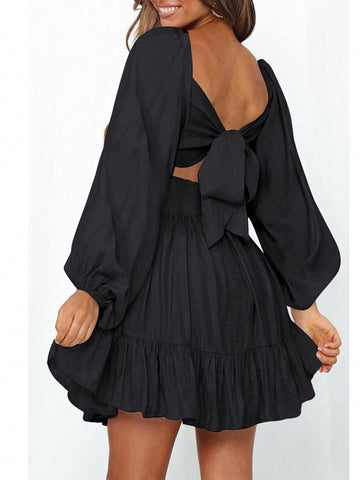 Lantern Sleeve Square Neck Lace-Up Backless Sexy Mini Dress With Ruffle Hem & Elastic Waist