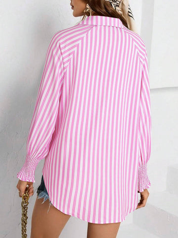 Lantern Sleeve Stripe Print Shirt Women Fall Spring Casual Pocket Button Up Top