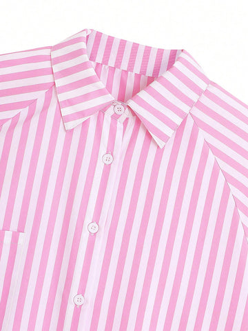 Lantern Sleeve Stripe Print Shirt Women Fall Spring Casual Pocket Button Up Top