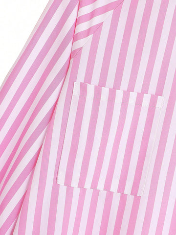 Lantern Sleeve Stripe Print Shirt Women Fall Spring Casual Pocket Button Up Top