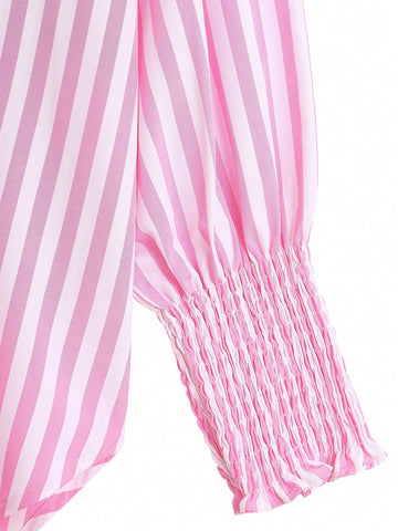 Lantern Sleeve Stripe Print Shirt Women Fall Spring Casual Pocket Button Up Top