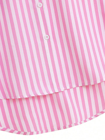 Lantern Sleeve Stripe Print Shirt Women Fall Spring Casual Pocket Button Up Top