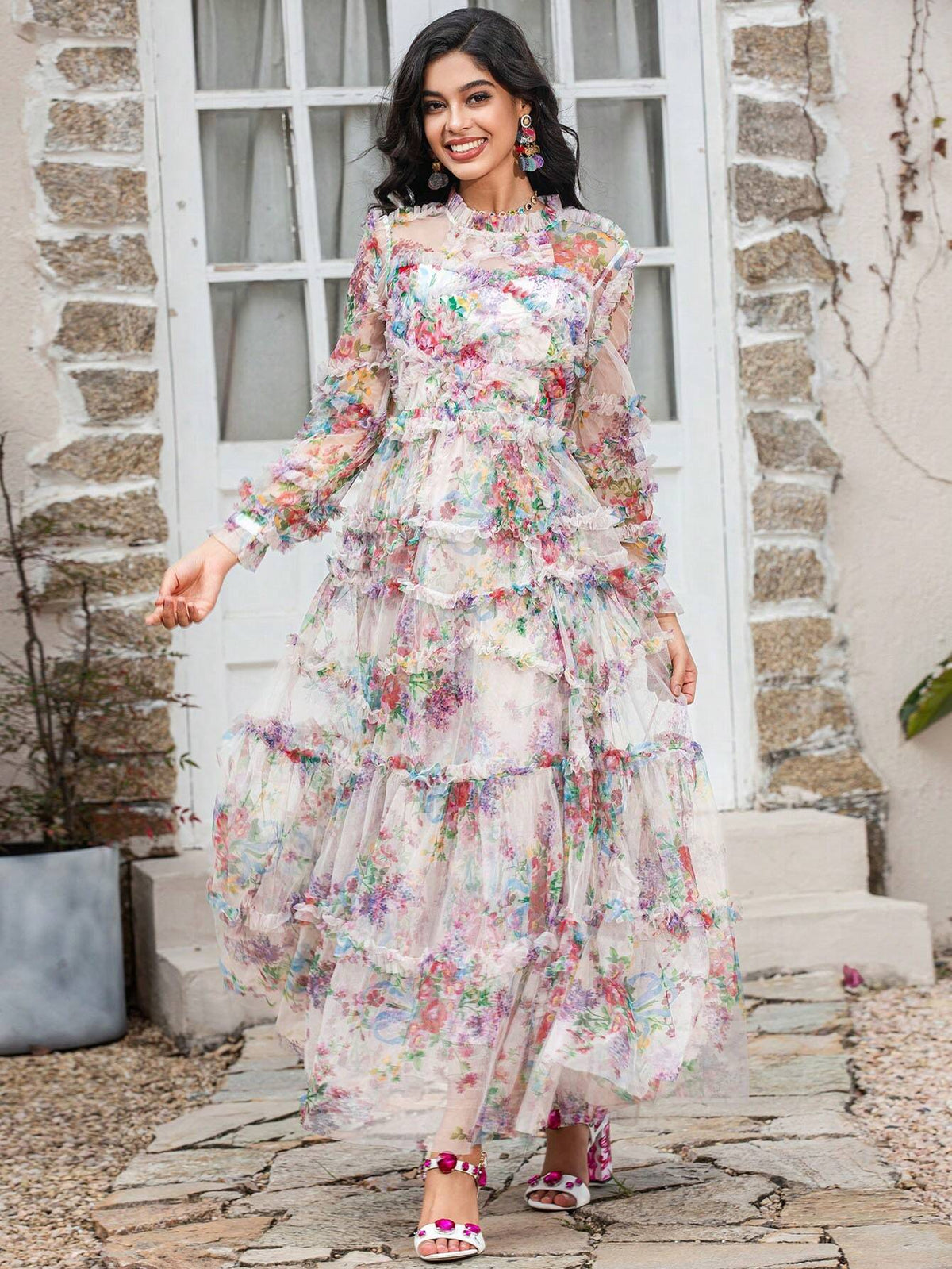 Lapel Lantern Sleeve Ruffled Heavy Mesh Printed Waist Cinching Puffy Swing Long Gown Dresses