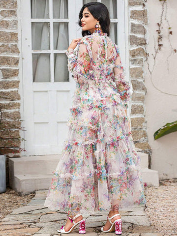 Lapel Lantern Sleeve Ruffled Heavy Mesh Printed Waist Cinching Puffy Swing Long Gown Dresses