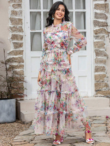 Lapel Lantern Sleeve Ruffled Heavy Mesh Printed Waist Cinching Puffy Swing Long Gown Dresses