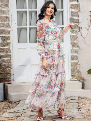 Lapel Lantern Sleeve Ruffled Heavy Mesh Printed Waist Cinching Puffy Swing Long Gown Dresses