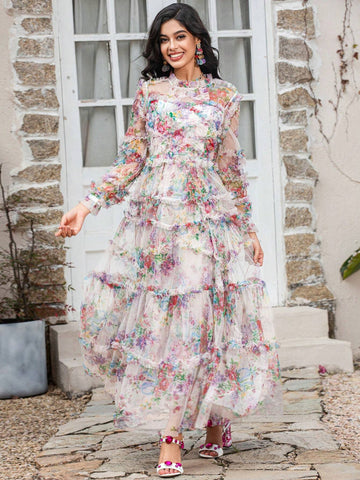 Lapel Lantern Sleeve Ruffled Heavy Mesh Printed Waist Cinching Puffy Swing Long Gown Dresses